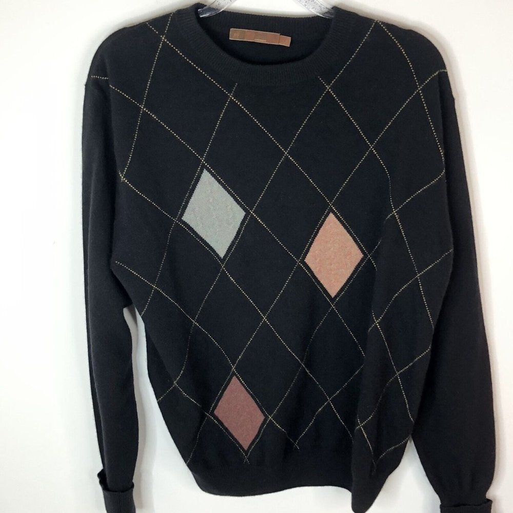 Raffi Mens Cashmere Sweater Size Medium Pullover Crewneck Argyle Black